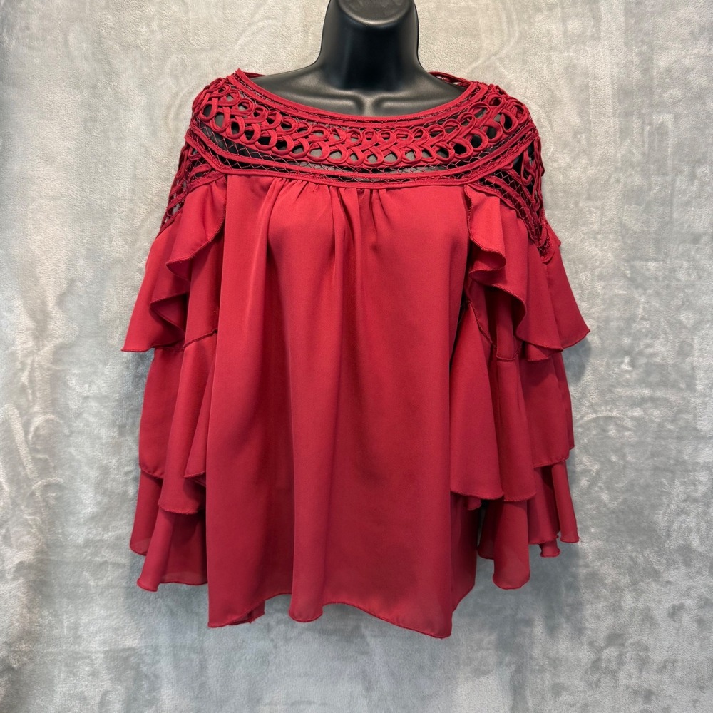 Si Style Red‎ Crochet Lattice Neck Tiered Ruffle Bell Sleeve Blouse Size Large